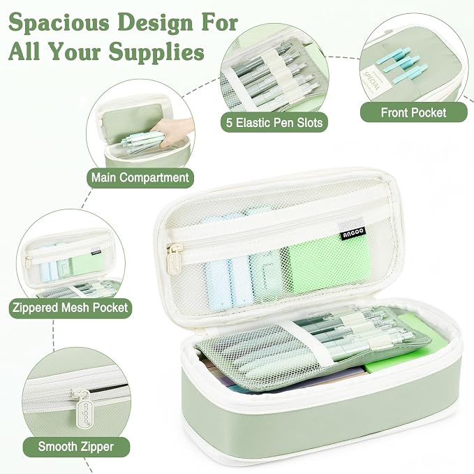 MoKo Pencil Case with Supplies, 49Pcs Aesthetic School Set, Green | Includes gel pens, highlighters, 0.5 mm mechanical pencils and refills, an eraser, sticky notes and index tabs.