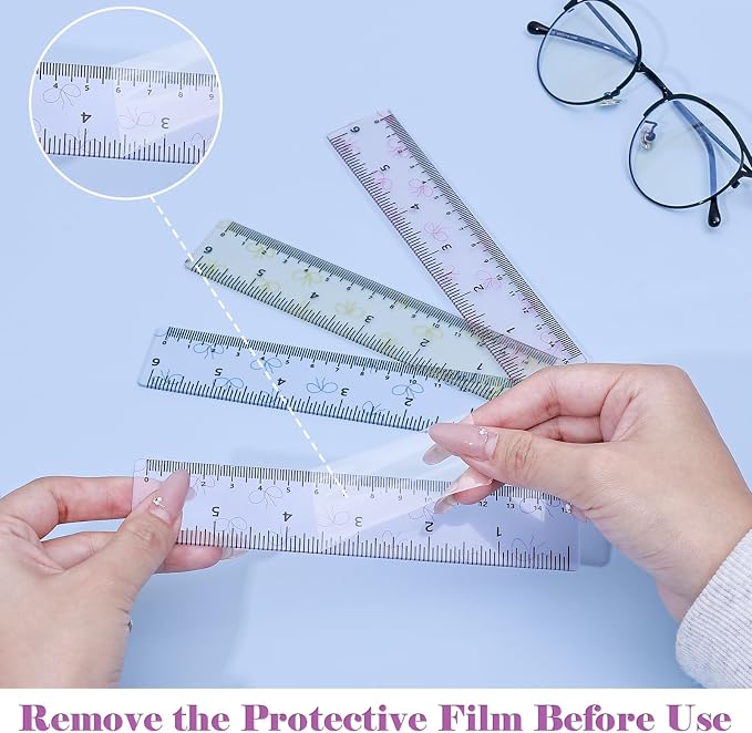 BAYTORY 4Pcs Transparent Acrylic Small Ruler 6 Inch, Straight Mini Rulers | Shatterproof Student Stationery Centimeters with Inches, for Classroom Essentials School Supplies (Bowknot 6 Inch)