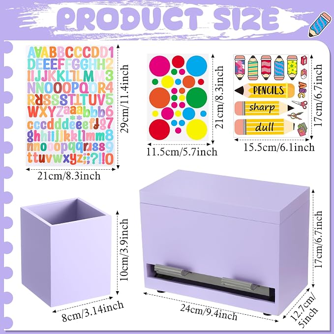Mifoci Wooden Pencil Dispenser Kit for Classroom Wooden Pen Holder Straw Dispenser Sharp and Dull Letter Stickers for Teachers Classroom Supplies Storage(Light Purple)