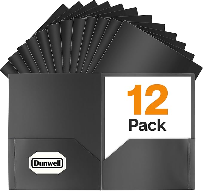 Dunwell Plastic Folders with Pockets (Black, 12 Pack), 2 Pocket Poly Folders for School, Home or Office, Durable Acid-Free Poly, Includes Removable Adhesive Labels