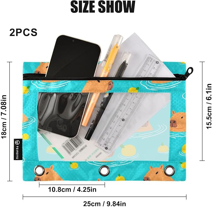 Gredecor Binder Pencil Pouch 3 Ring Cute Capybara Teal Zipper Pencil Pouches Case 2 Pack Clear Binder Organizer for School Office