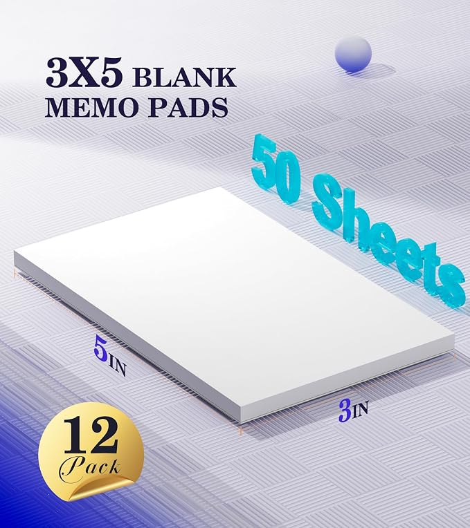 Note Pads 3x5 Small Memo Pads, 12 Pack Server Note Pads, Scratch Pads 3x5, Mini Note Pad White Paper 3''x5'', 50 Sheets per Blank Notepads, Small Writing Pads for Office School Home Supplies