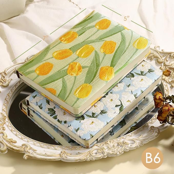 Small Journal for Women, Floral Notebook, B6, 5x7, Ruled Notebook & Blank Sketchbook, Embroidered Journal, Hardcover, Lay Flat, Personal Writing Journal for Women, Cute Journal, Tulip Flower