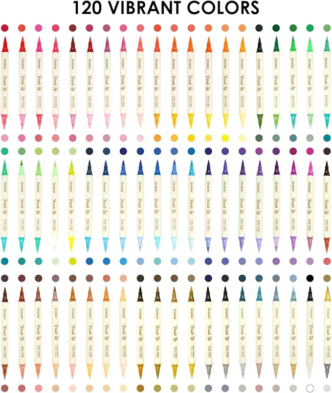Grabie 120 Colors Acrylic Paint Markers, 60 Pack Dual Tip Soft Brush Acrylic Markers, Water-Based Paint Pens for Paper, Rock Painting, Wood, Canvas, Glass, Fabric, DIY Craft Art Supplies for All Ages