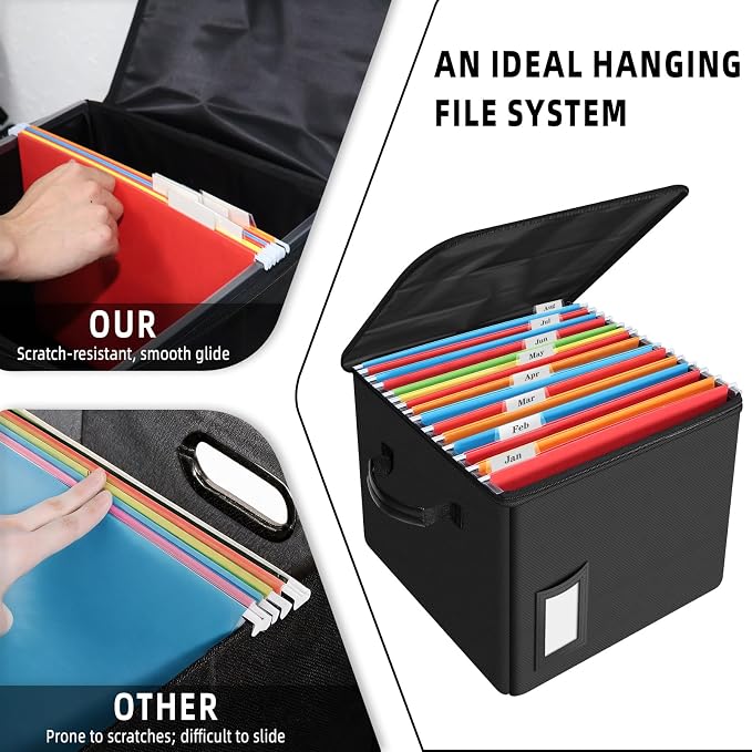 Fireproof File Box with PVC Slides for Hanging Folders, Collapsible Document Organizer Box for Home Office, Fireproof Filing Cabinet Storage Case, Tax Certificate File Organizer Fits Letter A4