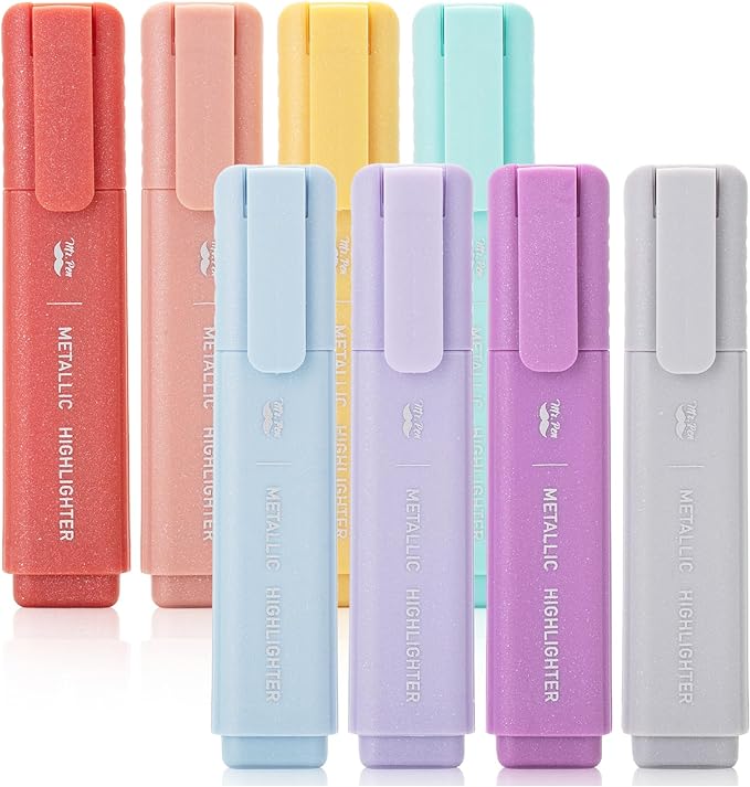 Mr. Pen- Glitter Highlighters, 8 Pack, Metallic Colors | Chisel Tip Highlighter Markers with Shimmer Finish, Smooth Writing Ink for Journaling, Note-Taking, Planning, School