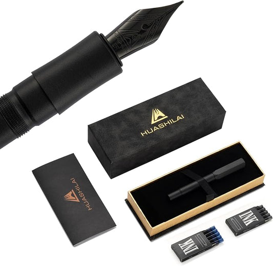Luxury Solid Brass Fountain Pen Set for Writing & Calligraphy - Choose Antique or Matte Black Finish. Includes 10 Ink Cartridges & Premium Gift Box (Extra Fine Nib, Matte Black)
