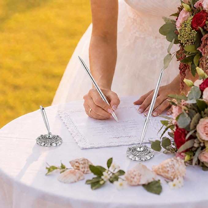 2 Pcs Gold Bridal Shower Pens for Guest Book with 360° Rotating Metal Pen Holder, Wedding Guest Book Signing Pen Set, Durable Metal Ballpoint Pens for Reception Table Decor