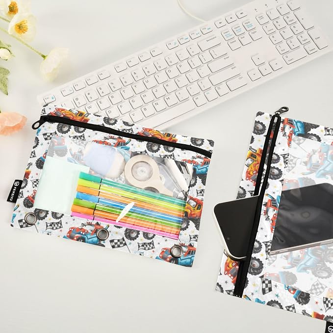 Binder Pencil Pouches Cartoon Monster Truck Pattern Pen Case | Clear Window 3 Rings, Cosmetic Bags School Office Supplies Cosmetic Makeup Bag 2 Psc