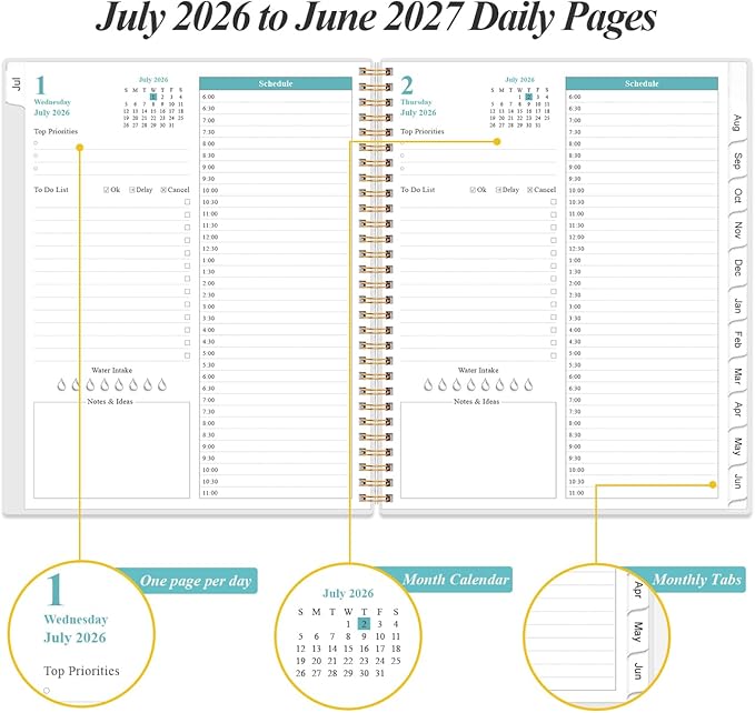 2026-2027 Daily & Monthly Planner - One Page Per Day, Daily Planner from July 2026 - June 2027, Planner 2026-2027 with 12 Monthly Tabs, 8.5" x 11", Flower-A