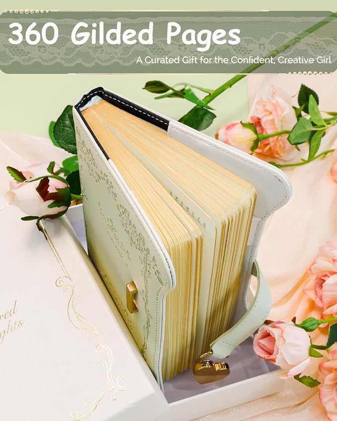 Hoci Poci Diary with Lock and Keys for Girls Gift Ideas, 360 Pages Journal | Elegant Gift Box for Teen Girls, B6 Gold Edged Pages Refillable Notebook with Pen and Bookmark for Writing, Garden Matcha