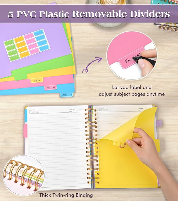 Spiral Notebook Journal with Removable Dividers Tabs, 300 Pages Hardcover Leather 5 Subject College Ruled Notebook, 6.1"x8.2" Large A5 Lined Journal for Women, Spiral Notebook for Work School, Purple