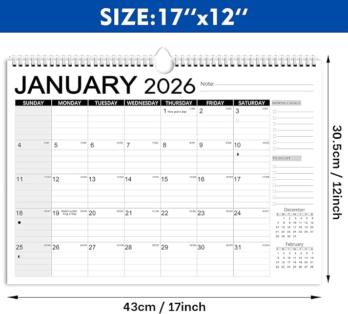 Calendar 2026-2027 18 Months-Simple | 17" x 12"| 110GSM Thick Paper | No-Bleed | Stickers Attached | Home, School & Office Use