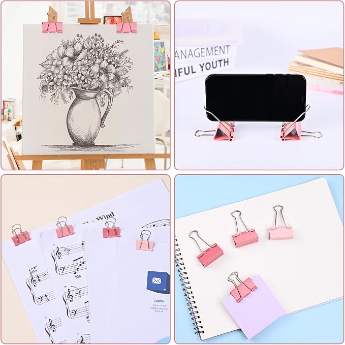 Temiary Aesthetic Binder Clips, Medium Metal Binder Clip with Clear Storage Container, Binding Paperwork Clamps for School Teachers Office Supplies (Pink 1.26 Inch, 24P)