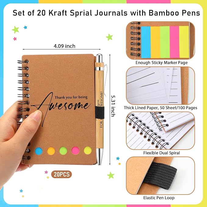 Chuangdi 20 Sets Back to School Teacher Gifts Bulk Inspirational Spiral Notebook with Sticky Note Motivational Pen Appreciation Gifts for Employee Team Staff Coworker (Classic,Kraft)