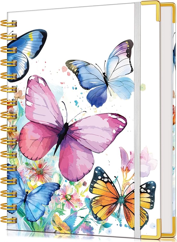 Lined Spiral Notebook Journal for Women, 150 Pages Cute Notebooks 5.75” x 8.38”, A5 Hardcover Spiral Journals with 100 GSM Thick Paper, College Ruled Notebook for Writing Work School, Butterflies in the Blooms