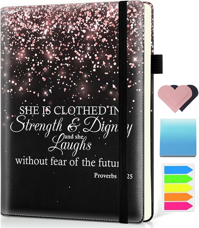 Hardcover Executive Notebooks, A5 PU Leather Lined Journal Notebook, 200 Pages Thick Paper Subject Notebooks for School,Work,Home Writing Business Notebook,Proverbs 31-25 Bible Verse Rose Gold