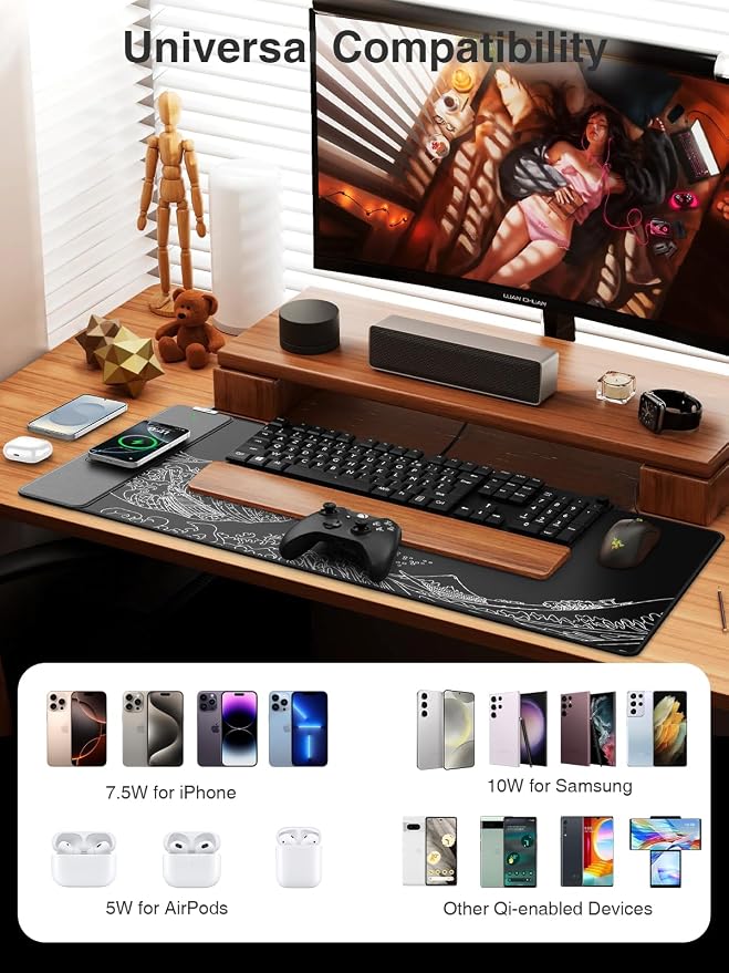 Wireless Charging Mouse Pad, 31.5"x15.8" Large Desk Mat, Smooth Glide | Waterproof Mousepad, Stitched Edge, Non-Slip Rubber Base, Desk Pad Computer Keyboard Mat, No Adapter