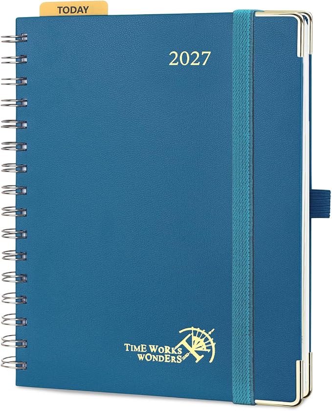 POPRUN 2027 Planner Daily Weekly and Monthly Calendar with Hourly Schedule(Medium Size 8.5'' x 6.25'' Wire-Bound Hard Cover) - Agenda 2027 (Jan.2027-Dec.2027), Monthly Tabs - Night Sky Navy Blue