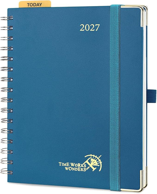 POPRUN 2027 Planner Daily Weekly and Monthly Calendar with Hourly Schedule(Medium Size 8.5'' x 6.25'' Wire-Bound Hard Cover) - Agenda 2027 (Jan.2027-Dec.2027), Monthly Tabs - Night Sky Navy Blue