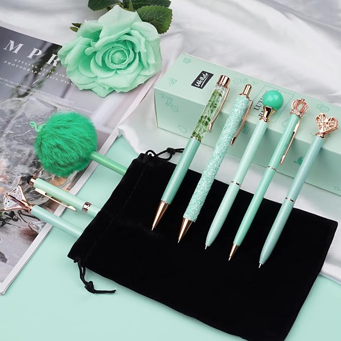 WEMATE 8Pcs Green Pens, Metal Crystal Diamond Pens with Black & Blue Ink | Cute Fancy Pens for Journaling, Office Supplies, Gifts for Women Girls, Birthday & Back to School Supplies