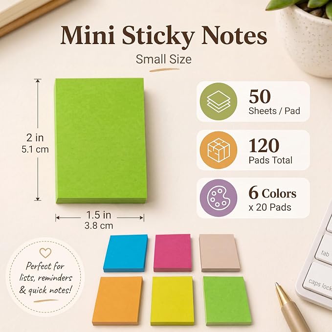 Fainne 120 Pads Sticky Notes Bulk 1.5 x 2 Inch Mini Self Stick Note Small Assorted Bright Colors Paper Memo for Office School Notebook Supplies 50 Sheets/pad (Simple Style,Bright Color)
