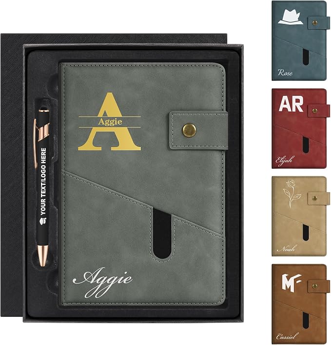 ENOMY Personalized Notebook & Pen Set PU Leather Custom A5 Notebook with Lock 200 Lined Paper Pages Luxury Gift Box for Men Women Travel College Business Gift, Gray