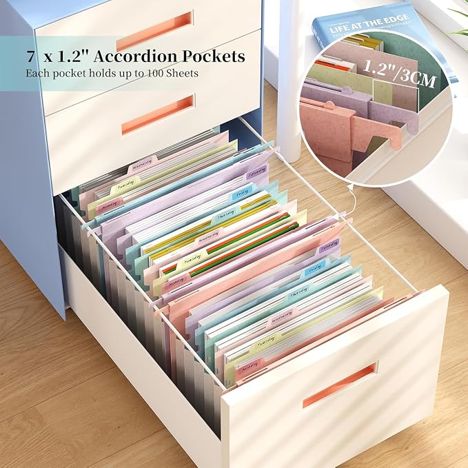 Expanding Hanging File Folders for Filing Cabinet, 7 Accordion Pockets Filing Cabinet Organizer, 1.2'' Expandable, Multi-Color Tabs, Letter Size, 50% Wheat Straw, 3 Pack (Pastel Blue)