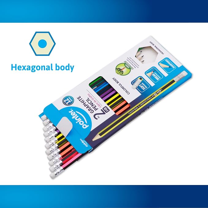 Pointer Wooden Pencils Pre-Sharpened HB Graphite Colorful Assorted Bodies, Hexagonal Grip for Comfortable Use with Soft Erasers Strong Break-Resistant Core Smooth Writing for Classrooms Work - 12Pcs