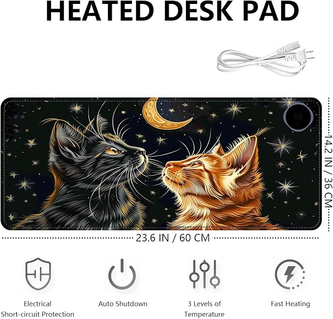 Heated Mouse Pad with 3 Levels Heated & 3 Hours Auto Shut-Off Mouse Pad for Warming Hands in Office Home, 23.6" x 14.2"Large Safe Desk Mat Hand Warmer，Two Cute Cats