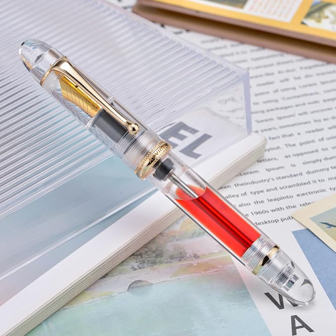 Asvine V800 Fountain Pen - Vacuum Filling System with Large Ink Capacity - Smooth Number 8 Medium Nib with Gift Case and Wrench - Clear Gold Acrylic