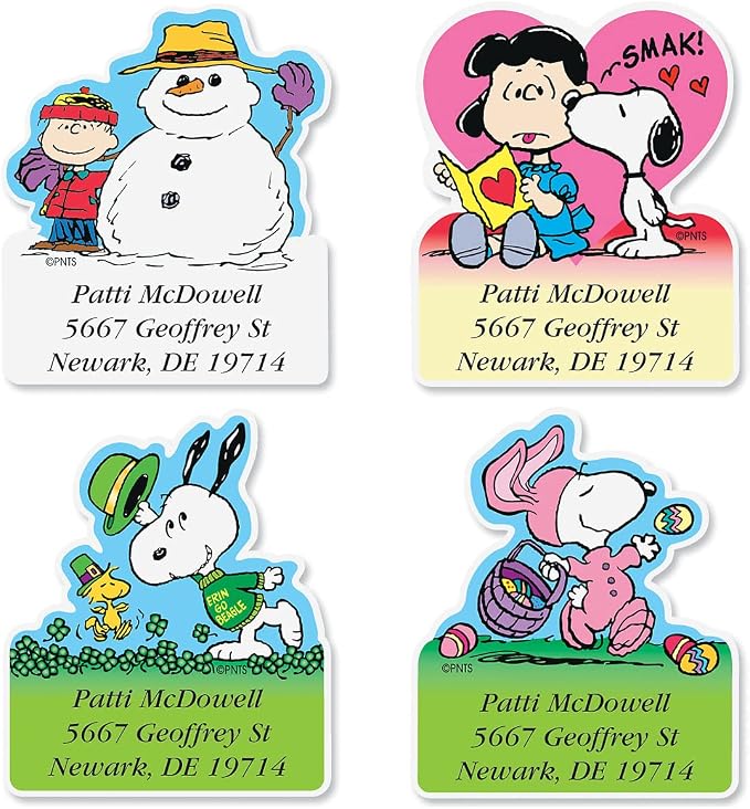 Colorful Images Year Round Holiday Peanuts Return Address Mailing Labels, Personalize with Name & Shipping Address, Set of 144 Self Adhesive, Easy Peel Flat Sticker Label Sheets, Diecut, 12 Designs