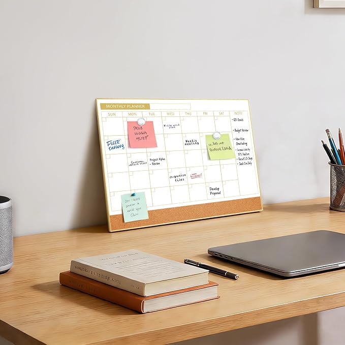 ARCOBIS Dry Erase Calendar with Cork Board for Wall, 11.6"x 15.7" Magnetic Calendar Whiteboard with Gold Frame, Monthly Combination Board for School, Home, Office