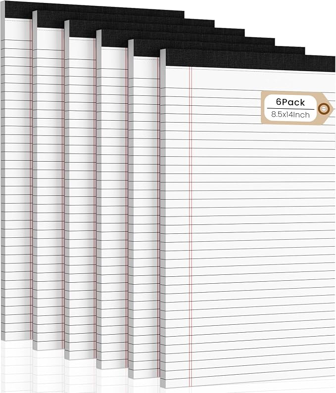 Legal Pads 8.5 x 14 Note Pads, 6 Pack Writing Pads Wide Ruled Notepads, Micro Perforated Notepad, Double-Side Printed Lined Paper Pads 30 Sheets per Notepad, White Legal Pads for Home, Office, School