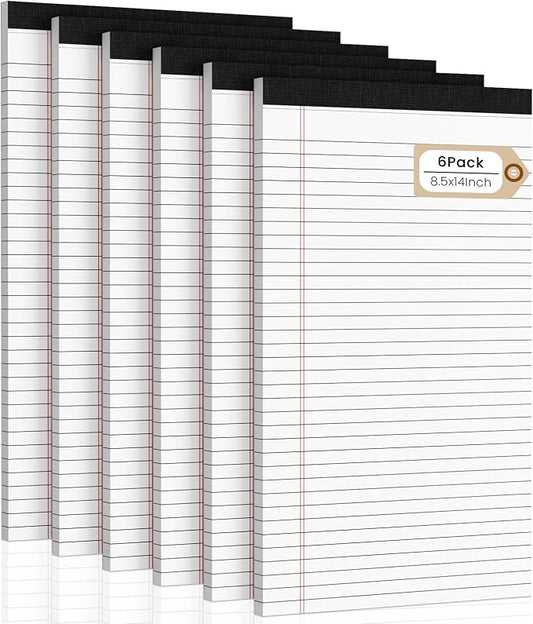 Legal Pads 8.5 x 14 Note Pads, 6 Pack Writing Pads Wide Ruled Notepads, Micro Perforated Notepad, Double-Side Printed Lined Paper Pads 30 Sheets per Notepad, White Legal Pads for Home, Office, School