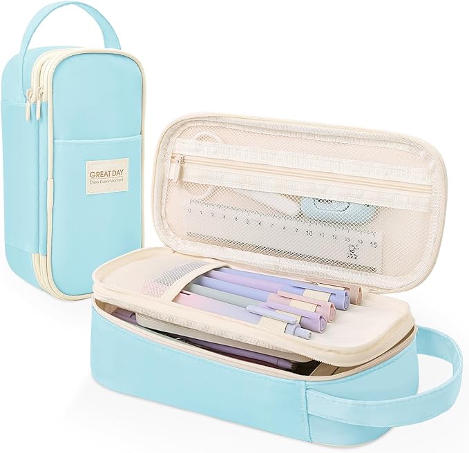 SKYDUE Light Blue Pencil Case for Girls & Boys - Aesthetic Pencil Bag with Multi-Compartment, Large Capacity Zippered Pencil Pouch for School Supply