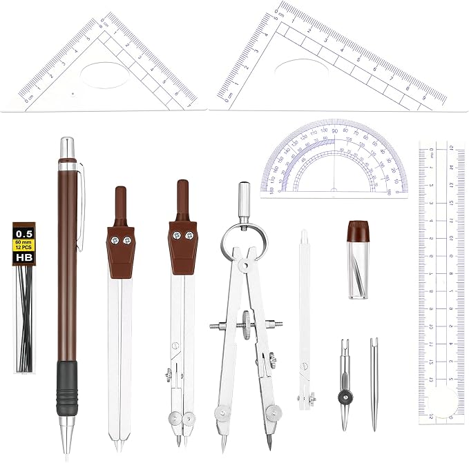 Outus 13 Pcs Geometry Set for Students Metal Compass Math Protractor | Rulers Mechanical Pencil Lead Refills Storage Box Protractors Kit for School Class Student Drafting Drawing