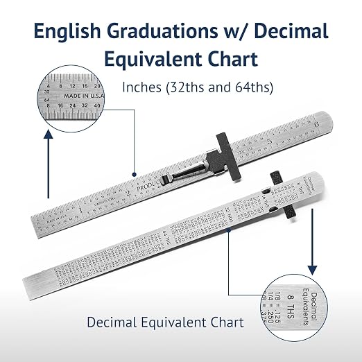 PEC Tools 6” Machinist Pocket Ruler – 10 Pack Bundle, Stainless Steel with Pocket Clip, Round End, 32nds and 64ths Graduations on Front, Decimal Equivalents Chart on Back, Made in USA