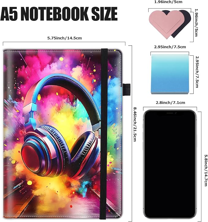 Hardcover Executive Notebooks, A5 PU Leather Lined Journal Notebook, 200 Pages Thick Paper Subject Notebooks for School,Work,Home Writing Business Notebook, Diary Book ，Headphones Music