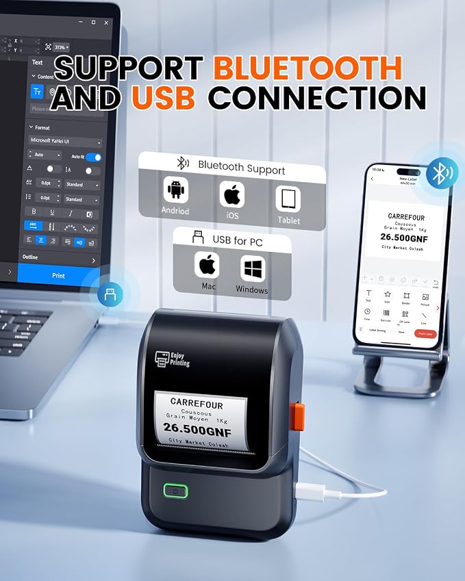 Label Maker Machine with 3 Tapes, Portable Bluetooth Theraml Printer, Black | 2 inch Inkless Label Printer with 6000+ Templates, Easy to Use for For Small Business，Home，School，Organization ,Office