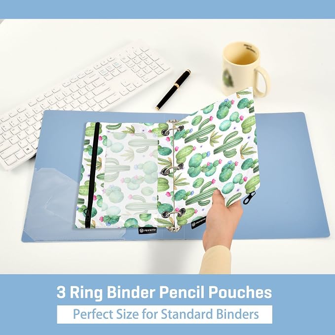 ALAZA Pencil Pouch for 3 Ring Binder, Watercolor Cactus Cacti Binder Pencil Pouches with Clear Window Zipper Pencil Case Cosmetic Bags for Office College Supplies, 2PCS