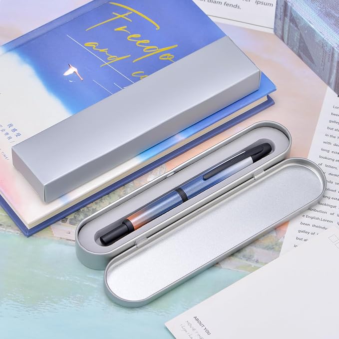 Jinhao 10 Press Fountain Pen with Box, Gradient Dark Blue Retractable Medium Nib with Ink Converter Set (Black Clip)