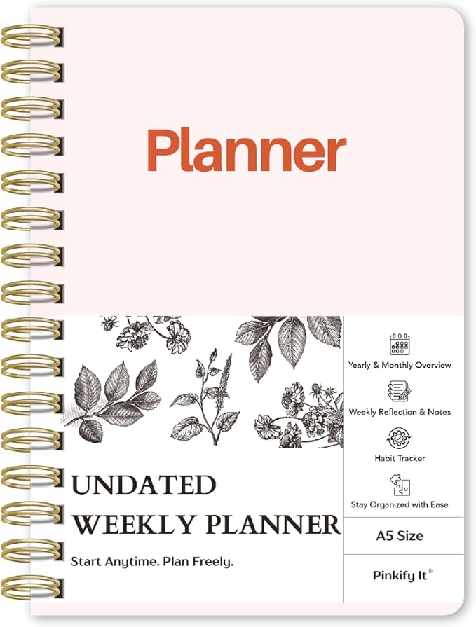 Undated Weekly Planner, A5, Dashboard Layout, Blush White | Dateless, Top Priorities, To Do List, Habit Tracker, Weekly Notes Space, Weekly Reflection, For Work, School & Life