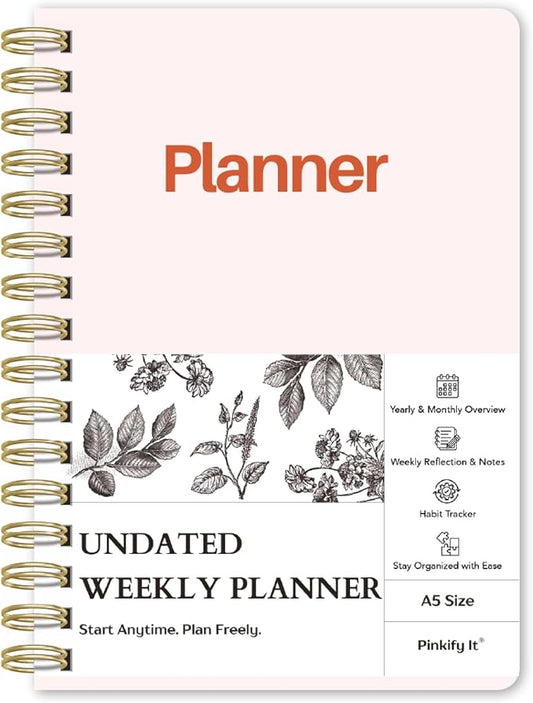 Undated Weekly Planner, A5, Dashboard Layout, Blush White | Dateless, Top Priorities, To Do List, Habit Tracker, Weekly Notes Space, Weekly Reflection, For Work, School & Life