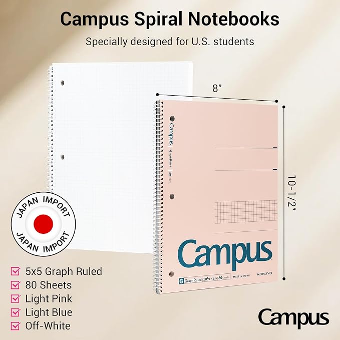 KOKUYO Spiral Notebooks, 3 Pack 5x5 Graph 10-1/2" x 8" Subject Notebooks | Campus Subject Notebooks, 80 Sheets, 3 Holes School Japanese Grid Ring Journal for Study Planner Drawing, Blue Pink White