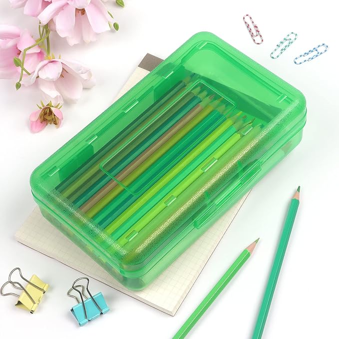 Tamaki 1 Pack Plastic Pencil Box Large Capacity, Green | Clear Boxes with Snap-tight Lid Stackable Design and Stylish Office Supplies Storage Organizer