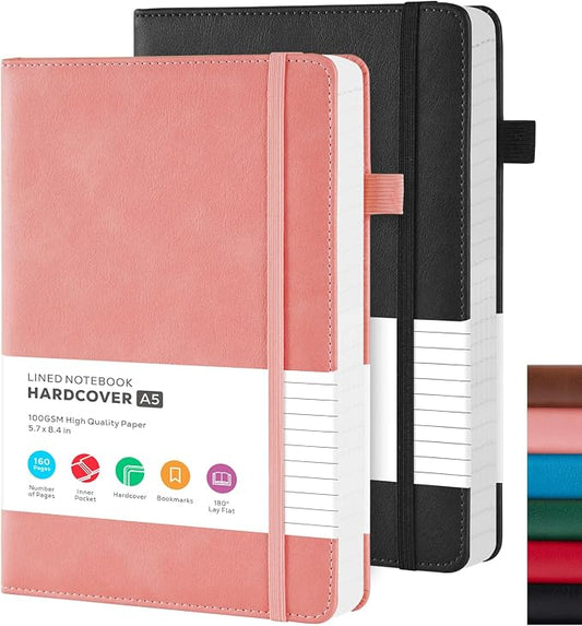 FOCUS DAY Lined Notebook Journals for Women/Men Work, 2 Pack Hardcover Leather Journal Note Book with 100GSM Thick Paper, Notebooks for Office School Supplies, A5 (5.7"x8.4"), Pink & Black