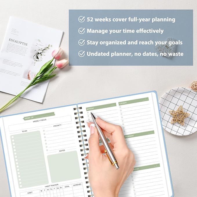 Undated Weekly Planner, Weekly To Do List Notebook, A5 Daily Planner | Office School Supplies, Spiral Binding, Inner Pocket, Goal, Organizer, Habit Tracker