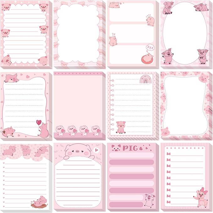 Chiisong 12 Pads Piggy Sticky Notes 3x4 Inch Cute Self Stick Notepads Notes Adhesive Memo Pad Office Decor Gifts Pink Kawaii Memo for Christmas Students School Teacher Meeting Office Supplies
