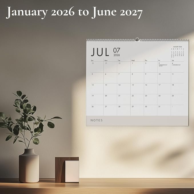 Horizontal Wall Calendar 2026-2027, 18 Months Hanging Calendar (January 2026 - June 2027) Modern White Design with Beige Notes Section 11x13.5 Inches